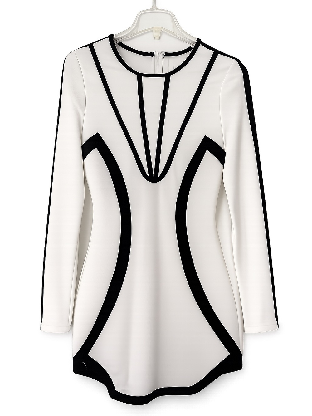 White Long-Sleeve Bodycon Dress with Black Contrast Trim Size Small